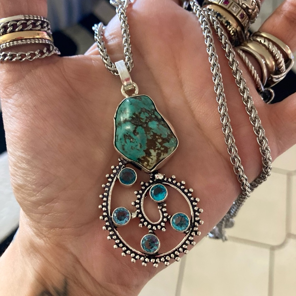 925 Sterling silver overlay natural blue turquoise spiral design necklace - Picture 8 of 10